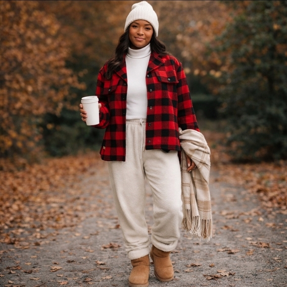 Flannel buffalo check plaid button down shacket pockets oversized small - Picture 2 of 10